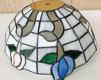 Vintage Stained Glass Hanging Light Fixture Tulips Leaded Blue Pink White 12