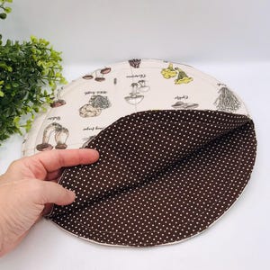 Può includere: Un oggetto rotondo in tessuto trapuntato beige con interno a pois marroni. L'esterno presenta varie illustrazioni di funghi con etichette scritte a mano. L'oggetto è tenuto in mano.
