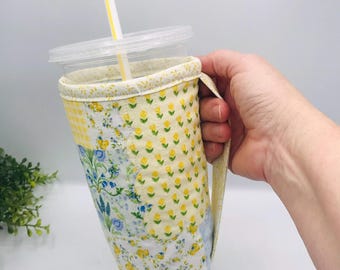 Drink Coozie with Handle Hot or Iced Drinks Cozy Insulated Granny Patchwork