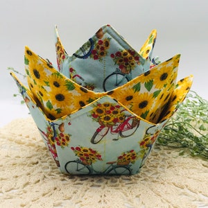 Microwave Bowl Cozy Holder In Two Sizes, Soup Bowl Cozy Or Ice Cream Cozy, Reversible, Bicycles and Sunflowers, A Great Gift Idea!
