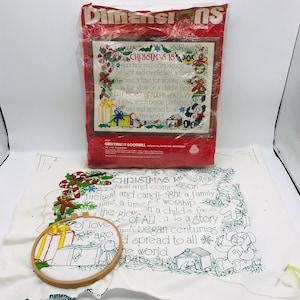 Dimensiones Crewel La Navidad es buena voluntad Terrie Lee Steinmeyer 8004 Lana 1981