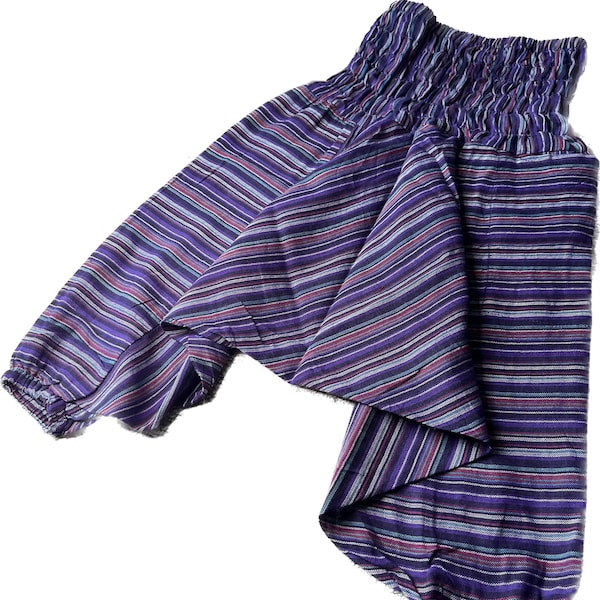 Children’s harem pants size one size purple striped baggy Ali-baba trousers elasticated comfy hippie festival harem trousers