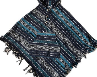 Kids hippie poncho age 5-10 years old blue striped tasseled hooded festival poncho alternative boho woven cotton