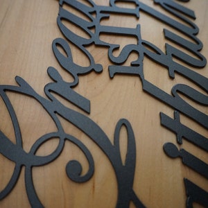 close up of cut metal sign