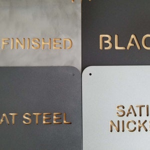 4 standard colors shown:  unfinished, black, flat steel, satin nickel