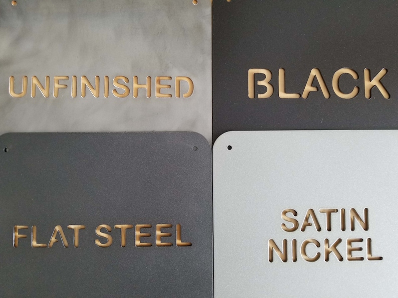 4 standard colors shown:  unfinished, black, flat steel, satin nickel