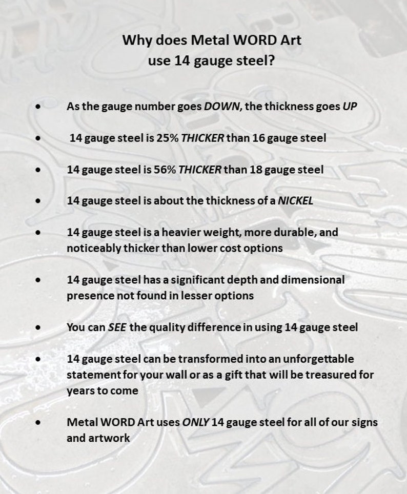 14 gauge steel is 25% thicker than 16 gauge steel and 58% thicker than 18 gauge steel.  This makes is heavier weight, more durable, and with a noticeable depth and dimensional presence not found in lower grade steel.