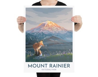 Mount Rainier Nationalpark Druck | Mount Rainier mit Fuchs und Wildblumen | Tolmie Peak Lookout Wanderung | Washington State Vintage Reise Kunst