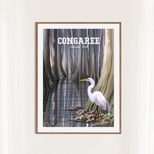 Congaree National Park Print | White Heron in Swamp with Trees | Congaree Art | South Carolina Travel Print | Classic Vintage Style