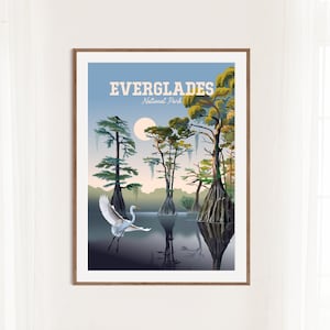 Everglades National Park Poster | Everglades Art | Egret and Cypress Trees | Spanish Moss |  Florida Travel Print | Classic Vintage Style