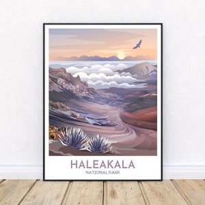 Haleakala National Park Print | Haleakala Summit with Silver Sword and Owl | Hawaii Travel Print | Maui Art Poster | Modern Graphic Style