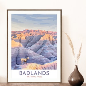 Badlands National Park Print | Badlands Loop Road | Big Badlands Overlook | Bighorn Sheep | South Dakota Travel Poster | National Park Art
