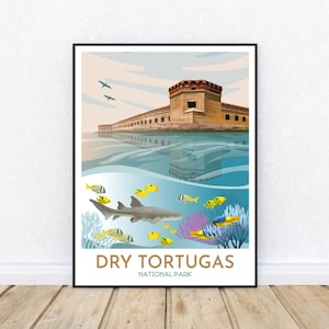 Dry Tortugas National Park Poster | Fort Jefferson | Shark and Fish | Key West | Gulf of Mexico | Florida Travel Art | Modern Style