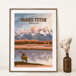 Grand Teton Kunstdruck | Nationalpark Classic Style Poster | Wyoming Reise Poster | Grand Teton Poster mit Elch | Schwabachers Landung