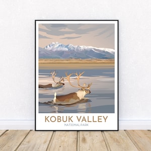 Kobuk Valley National Park Print | Caribou Crossing Kobuk River | Swimming Reindeer | Alaska Travel Poster | Modern Graphic Style