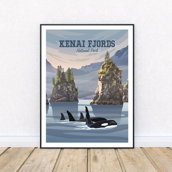 Kenai Fjords National Park Poster | Kenai Fjords Alaska Poster | Rock Formations | Alaska Orca Print | Alaska National Park Travel Print