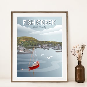 Impresión artística de Fish Creek, condado de Door, Fish Creek, Wisconsin, Barcos en el puerto con gaviotas, Póster turístico de Fish Creek, Wisconsin, Impresión de Door County
