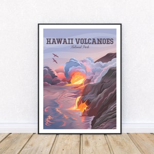 Hawaii Volcanoes National Park Poster | Kilauea Lavastrom mit Laze und Seevögeln | Hawaii Reise Druck | Große Insel | Klassischer Vintage Stil