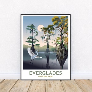 Everglades National Park Print | Everglades Poster | Great Egret | Pond Cypress Trees with Moss | Florida Travel Art | Modern Graphic Style