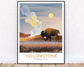 Yellowstone Poster with Bison and Geyser | Yellowstone National Park | Minimalist Wyoming Travel Art | Old Faithful Poster | American Bison