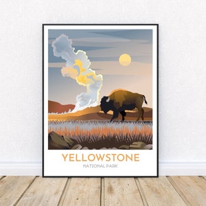 Cartel de Yellowstone con bisonte y géiser / Parque Nacional de Yellowstone / Arte de viaje minimalista de Wyoming / Cartel de Old Faithful / Bisonte americano