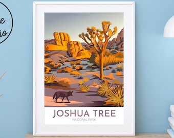 Joshua Tree National Park Print | National Park Poster | Joshua Tree with Yucca and Desert Kit Fox | Coyote in Desert | CA travel print