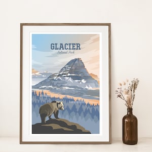 Glacier National Park Print | Bearhat Mountain with Brown Bear | Hidden Lake Poster | Glacier Montana Art Print | Montana Vintage Poster