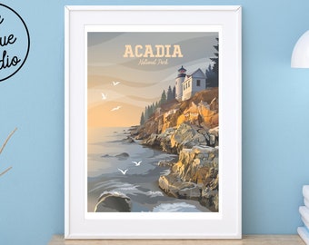 Acadia National Park Poster | Bass Harbor Head Light Print | Acadia Art Print | Bass Harbor Lighthouse | Sunrise with Seagulls | Shoreline