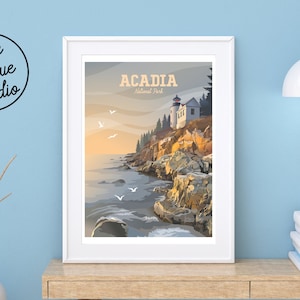 Acadia National Park Poster | Bass Harbor Head Light Print | Acadia Art Print | Bass Harbor Lighthouse | Sunrise with Seagulls | Shoreline