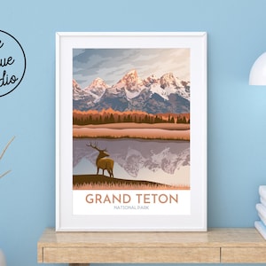 Grand Teton National Park Poster | National Park Art Print | Elk in Grand Teton | Togwotee Overlook | Schwabacher's Landing | Snake River