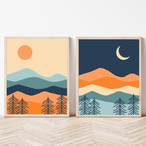 Teal and Orange Sun and Moon Landscape Art, Set of 2 Day and Night Landscapes, Minimalist Mountain Mid Century Art, Teal Navy and Orange