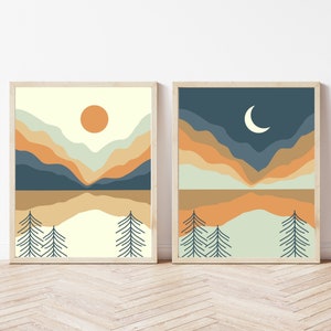 Sun and Moon Landscape Art, Set of 2 Day and Night Landscapes, Minimalist Mountain Mid Century Art, Navy Blue Sea Green and Orange