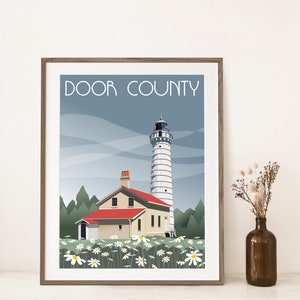 Door County Lighthouse Poster, Cana Island Lighthouse with Wildflowers Print, Door County Wisconsin Art, Baileys Harbor WI, Door County Gift