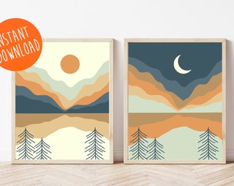 Sun and Moon Minimalist Mountain Landscape Art, Set of 2 Day and Night Landscapes, Print at Home Mid Century Art, 8x10, 16x20