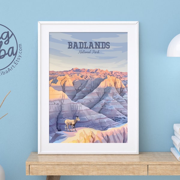 Badlands National Park Poster | Pinnacles Overlook | Badlands Loop Road | Classic National Park Print | Bighorn Sheep and Rock Formations