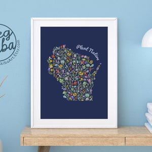Wisconsin Native Plants Poster Print | Wisconsin Silhouette with Native Wildflowers and Grass WI | Midwest Pollinator Friendly Gardens