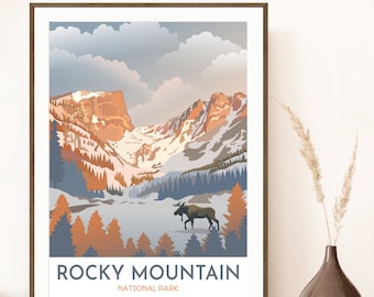 Rocky Mountain Poster with Moose | Rocky Mountain National Park | Hallett Peak with Snow | Dream Lake Winter | Hallett Peak Sunrise Sunset