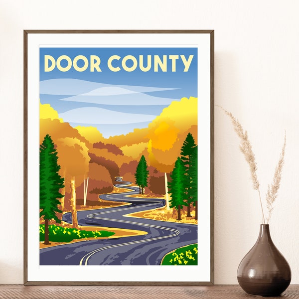 Door County Poster, Highway 42 in Ellison Bay, Winding Road Print, Door County Wisconsin Fall Art, Jens Jensen Road, Curvy Road