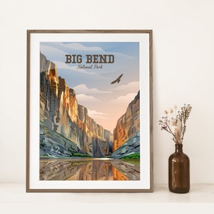 Big Bend National Park Poster | Rio Grande River Print | Chihuahuan Desert | Canyon and Hawk | Texas Travel Print | Classic Vintage Style