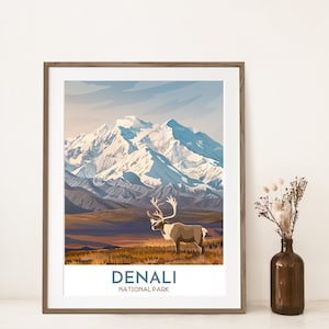 Denali National Park Print | Denali Alaska Art | Caribou and Mountain | Alaska Travel Poster | National Park Art | Modern Graphic Style