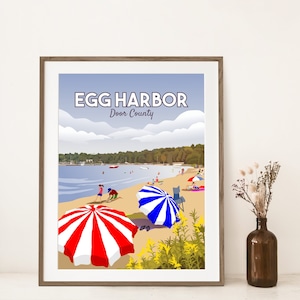 Egg Harbor Door County Art Print, Egg Harbor Beach Colorful Umbrellas, Egg Harbor WI Poster, Door County Wisconsin Vintage Travel Poster