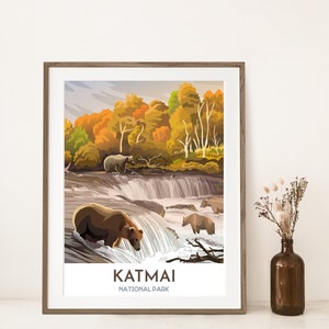 Katmai National Park Print | Katmai Alaska Brooks Falls | Grizzly Bears in Waterfall | Alaska Travel Print | Brown Bears and Salmon