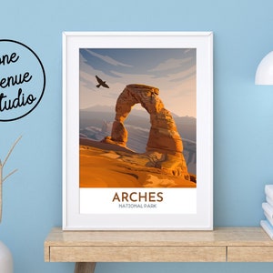 Arches National Park Print | Delicate Arch at Sunset with Falcon | Utah Mighty 5 | Moab Utah Travel Print | Graphic Style | Arches Poster