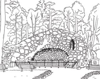 Notre Dame Grotto Printable Art, Adult Coloring Book Page, Fighting Irish artwork, University, Campus, Download