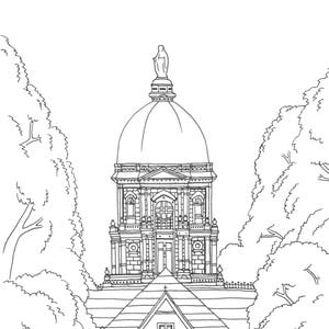 Notre Dame Golden Dome Printable Art, Adult Coloring Book Page, Fighting Irish Artwork, University Campus, South Bend, Digital Download