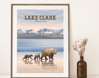 Lake Clark National Park Print | Grizzly Bear Mother and Babies on Beach | Alaska Travel Art | Lake Clark Poster | Classic Vintage Style