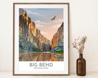 Big Bend National Park Print | Rio Grande River and Cliffs with Hawk | National Park Art | West Texas Travel Print | Modern Graphic Style