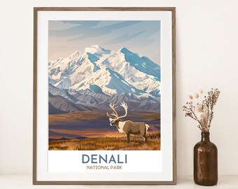 Denali National Park Print | Denali Alaska Art | Caribou and Mountain | Alaska Travel Poster | National Park Art | Modern Graphic Style