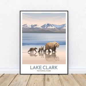 Lake Clark National Park Poster | Grizzly Bears Reflected on Lake Shore | Alaska Travel Print | Lake Clark Print | Modern Graphic Style