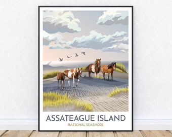 Assateague Island National Seashore Print | Wild Horses and Seagulls on Beach | Chincoteague Ponies | Maryland and Virginia Travel Poster